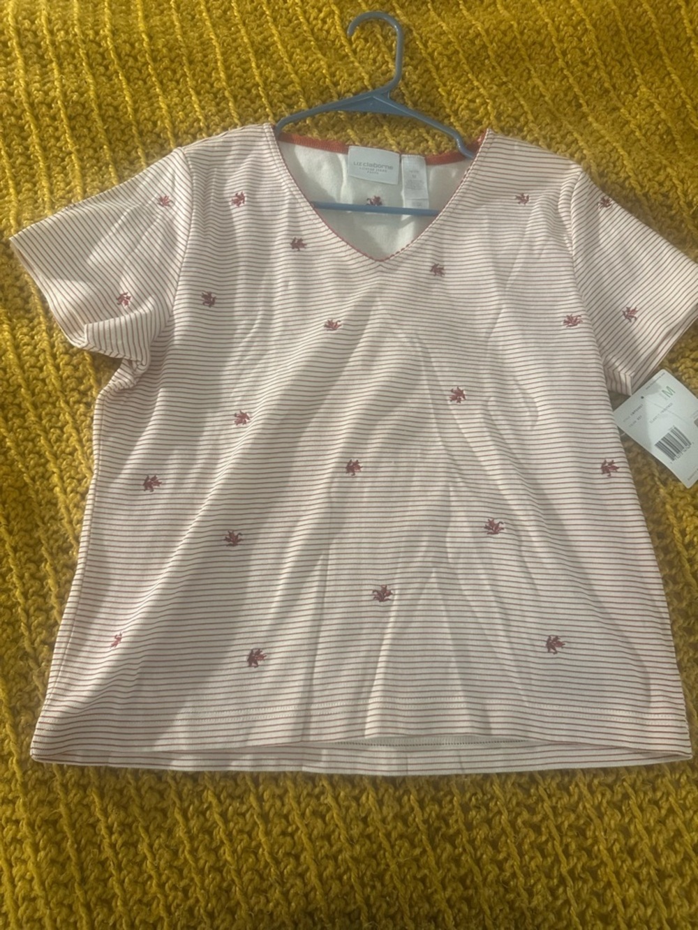 Liz Claiborne Cream Tee with Pink Trim and Red Embroidery